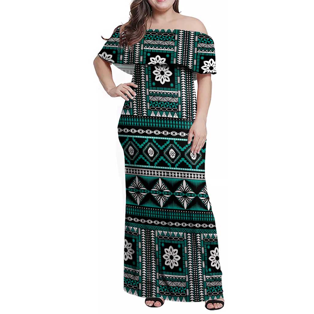 Fiji Masi Tapa Pattern Teal Family Matching Off Shoulder Maxi Dress and Hawaiian Shirt - Polynesian Pride
