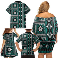 Fiji Masi Tapa Pattern Teal Family Matching Off Shoulder Short Dress and Hawaiian Shirt - Polynesian Pride