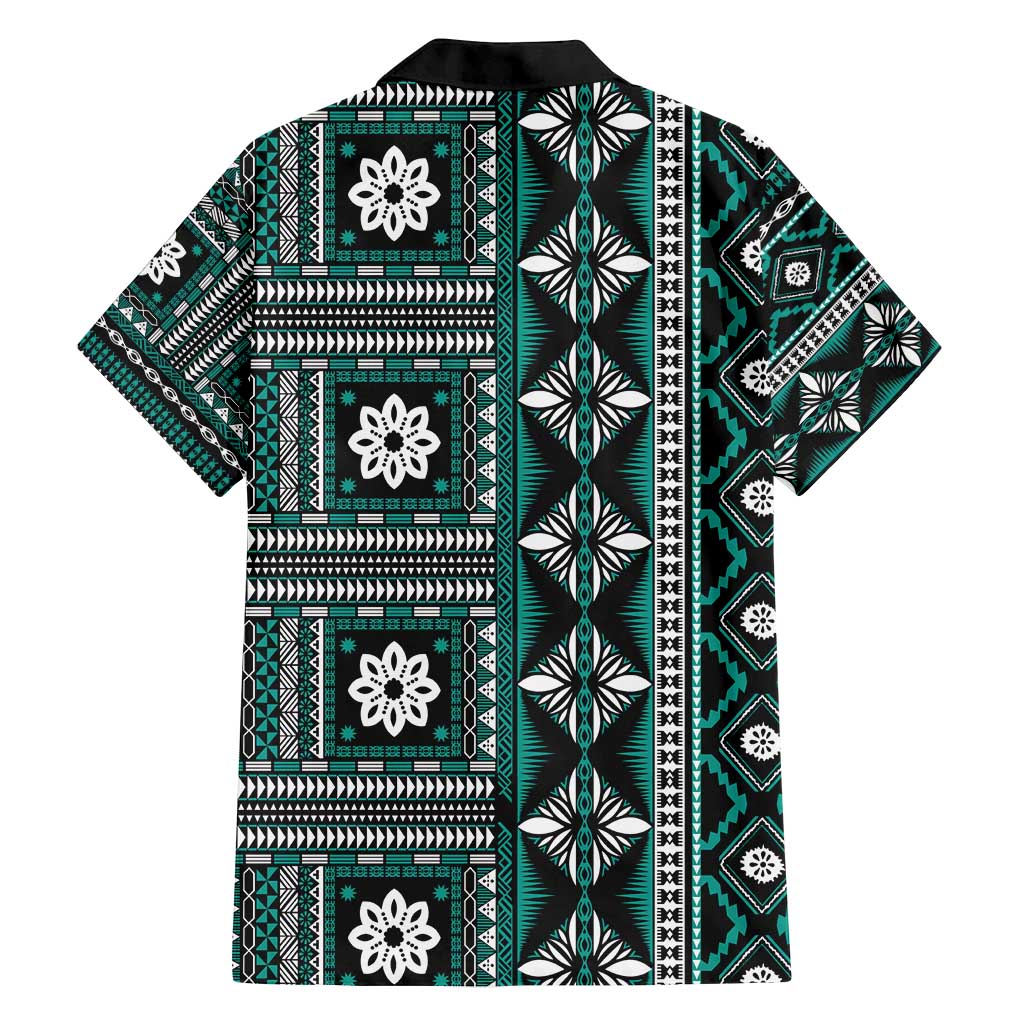 Fiji Masi Tapa Pattern Teal Family Matching Off Shoulder Short Dress and Hawaiian Shirt - Polynesian Pride