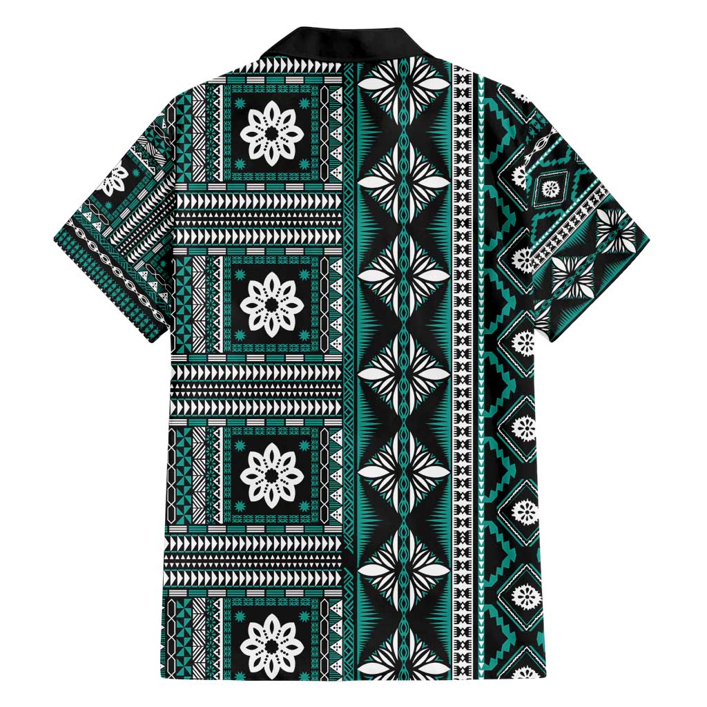 Fiji Masi Tapa Pattern Teal Family Matching Short Sleeve Bodycon Dress and Hawaiian Shirt - Polynesian Pride