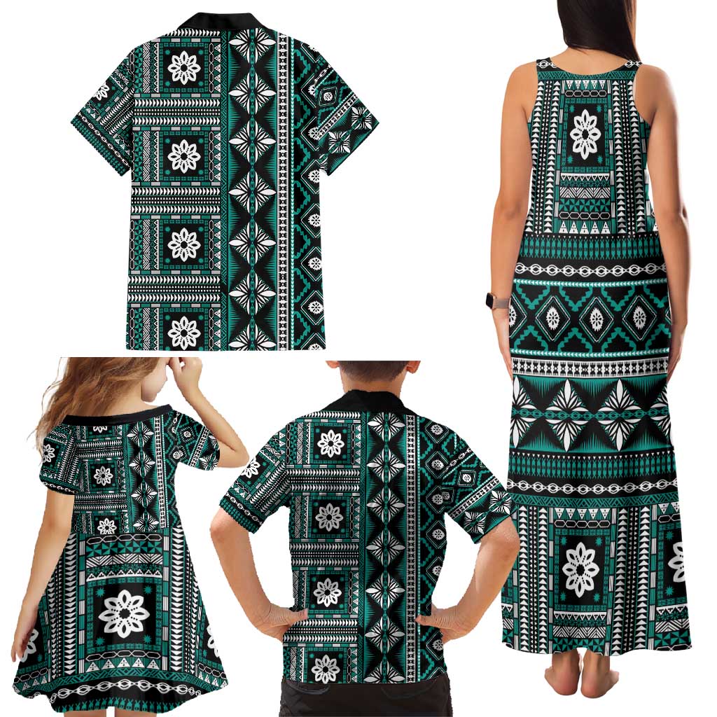 Fiji Masi Tapa Pattern Teal Family Matching Tank Maxi Dress and Hawaiian Shirt - Polynesian Pride