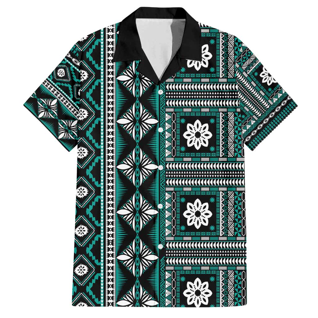 Fiji Masi Tapa Pattern Teal Family Matching Tank Maxi Dress and Hawaiian Shirt - Polynesian Pride