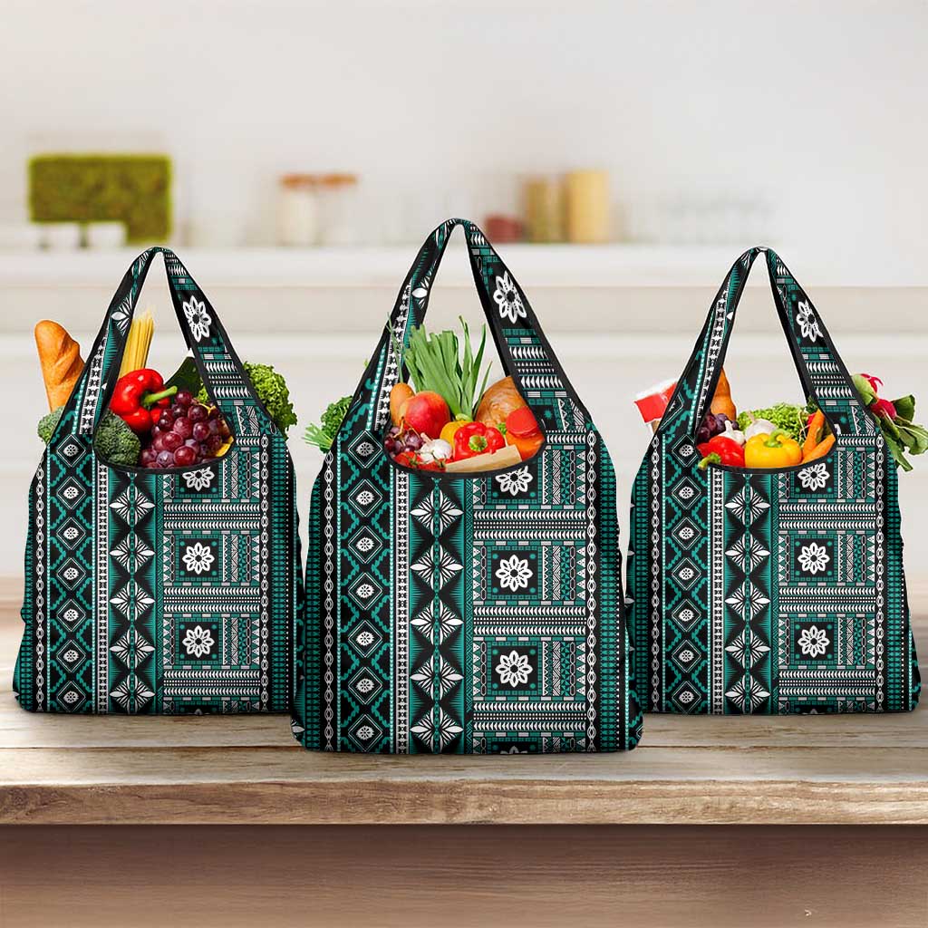 Fiji Masi Tapa Pattern Teal Grocery Bag - Polynesian Pride