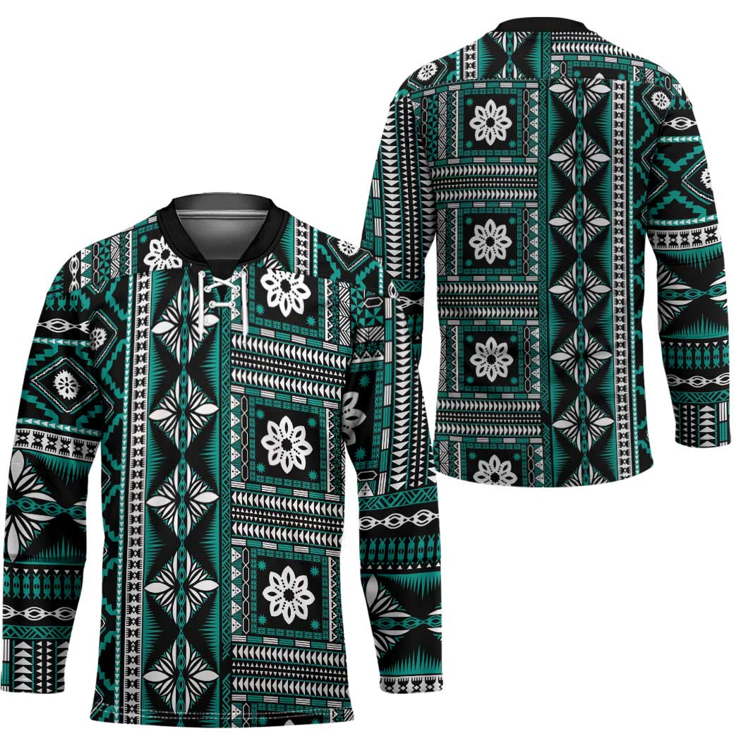 Fiji Masi Tapa Pattern Teal Hockey Jersey - Polynesian Pride
