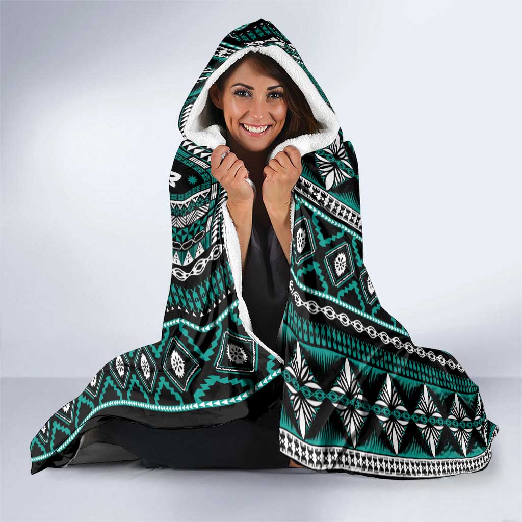 Fiji Masi Tapa Pattern Teal Hooded Blanket - Polynesian Pride