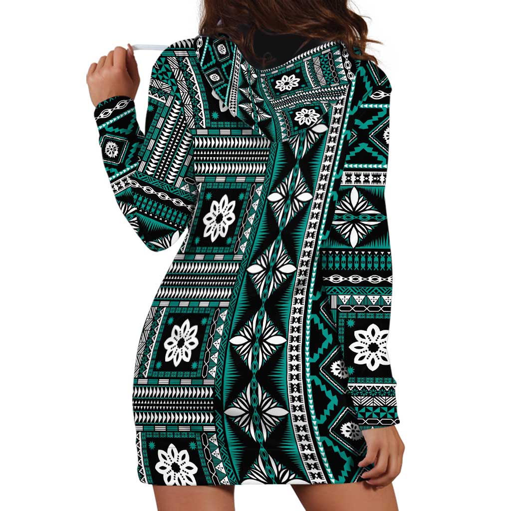 Fiji Masi Tapa Pattern Teal Hoodie Dress - Polynesian Pride