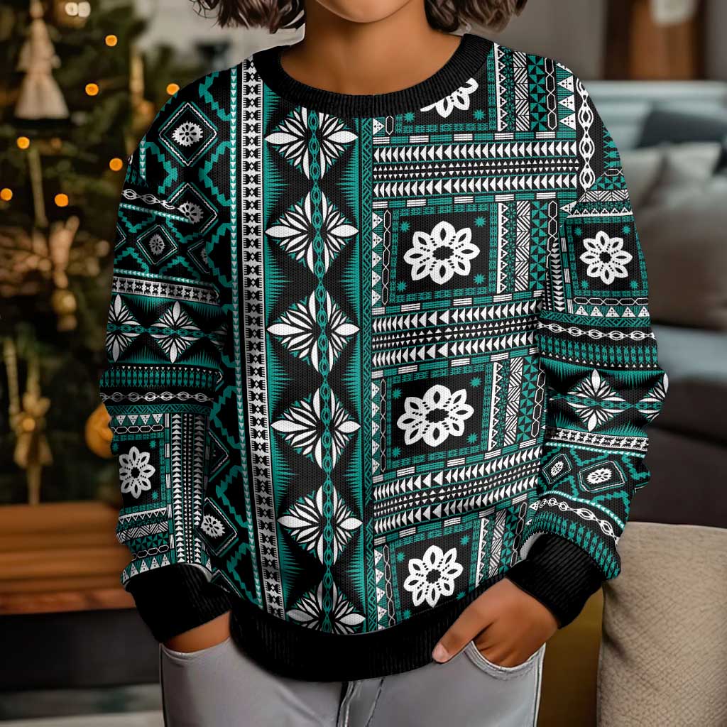Fiji Masi Tapa Pattern Teal Kid Ugly Christmas Sweater - Polynesian Pride