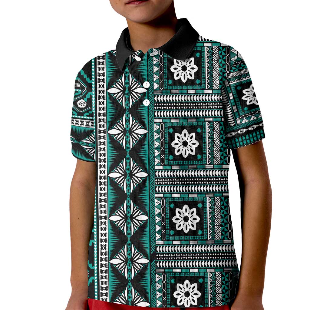 Fiji Masi Tapa Pattern Teal Kid Polo Shirt - Polynesian Pride