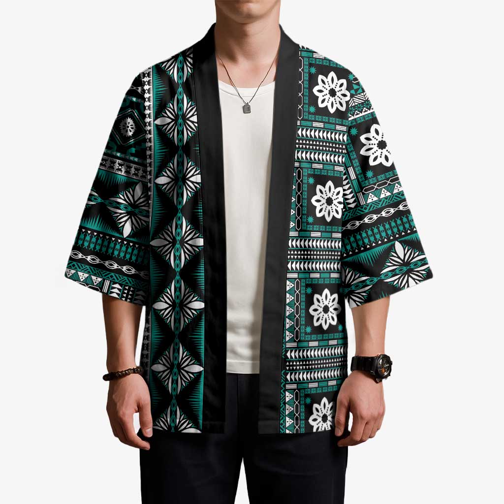 Fiji Masi Tapa Pattern Teal Kimono - Polynesian Pride