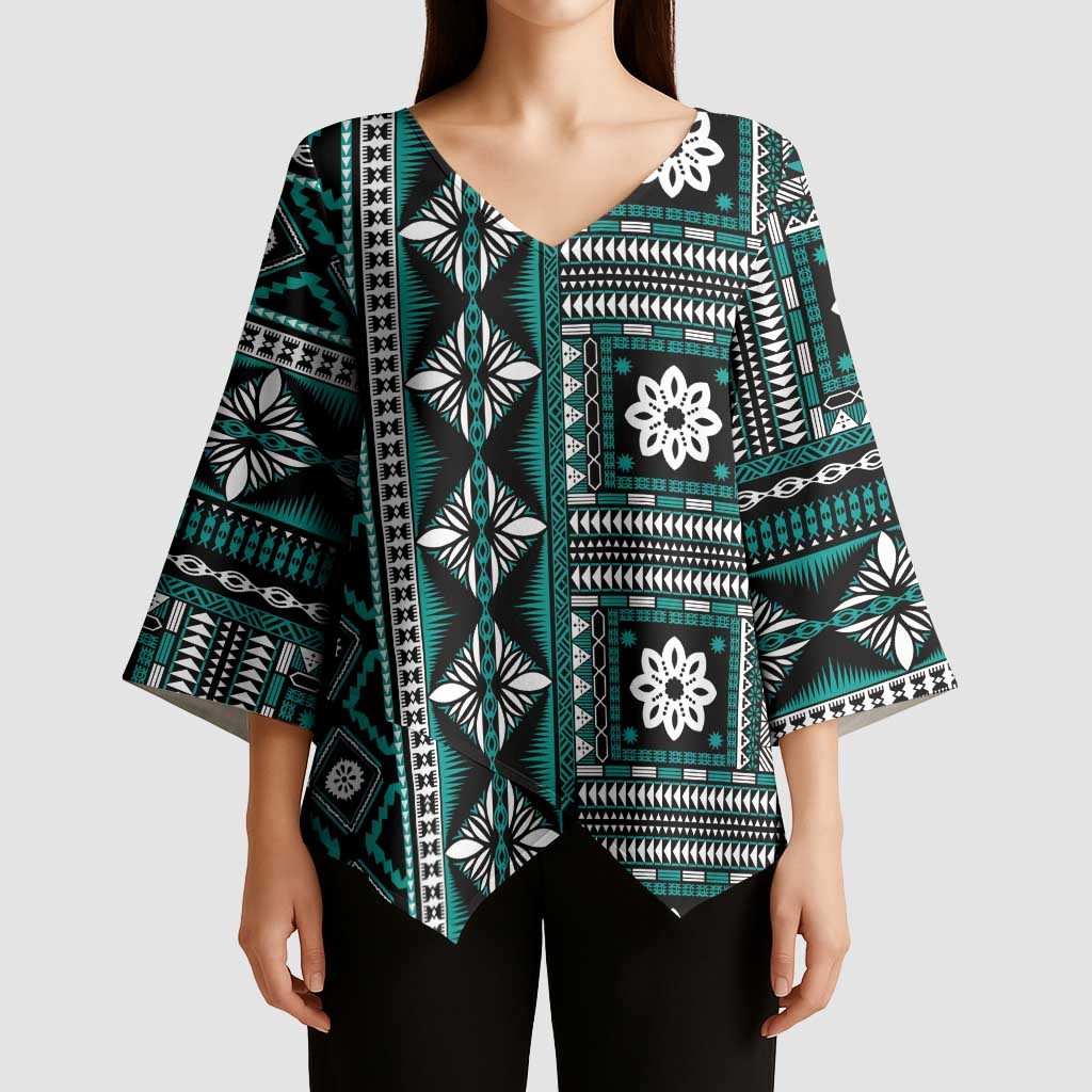 Fiji Masi Tapa Pattern Teal Kimono Sleeve Blouse - Polynesian Pride