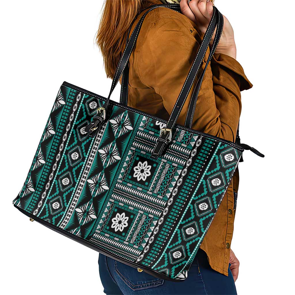 Fiji Masi Tapa Pattern Teal Leather Tote Bag - Polynesian Pride