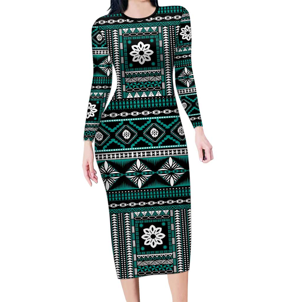 Fiji Masi Tapa Pattern Teal Long Sleeve Bodycon Dress - Polynesian Pride