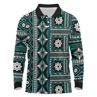 Fiji Masi Tapa Pattern Teal Long Sleeve Polo Shirt - Polynesian Pride