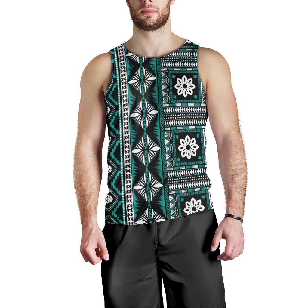 Fiji Masi Tapa Pattern Teal Men Tank Top - Polynesian Pride