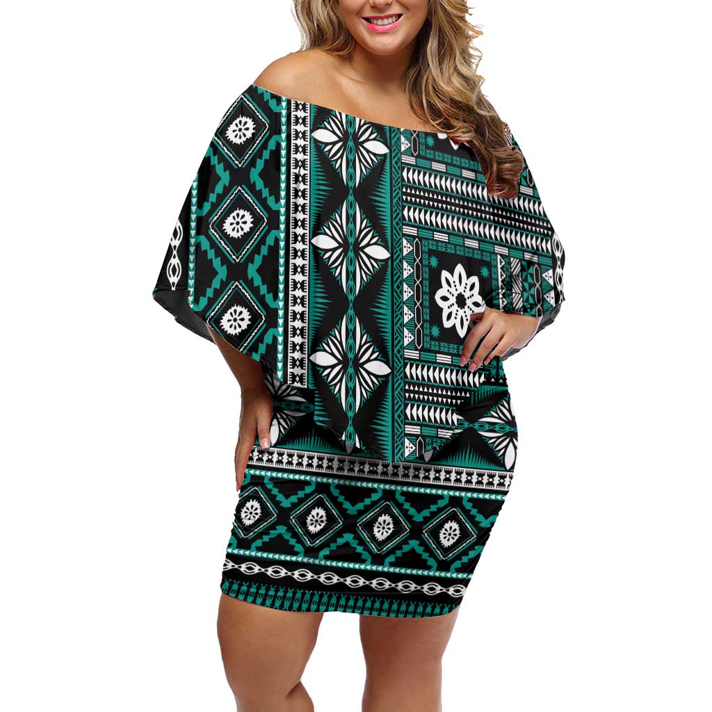 Fiji Masi Tapa Pattern Teal Off Shoulder Short Dress - Polynesian Pride