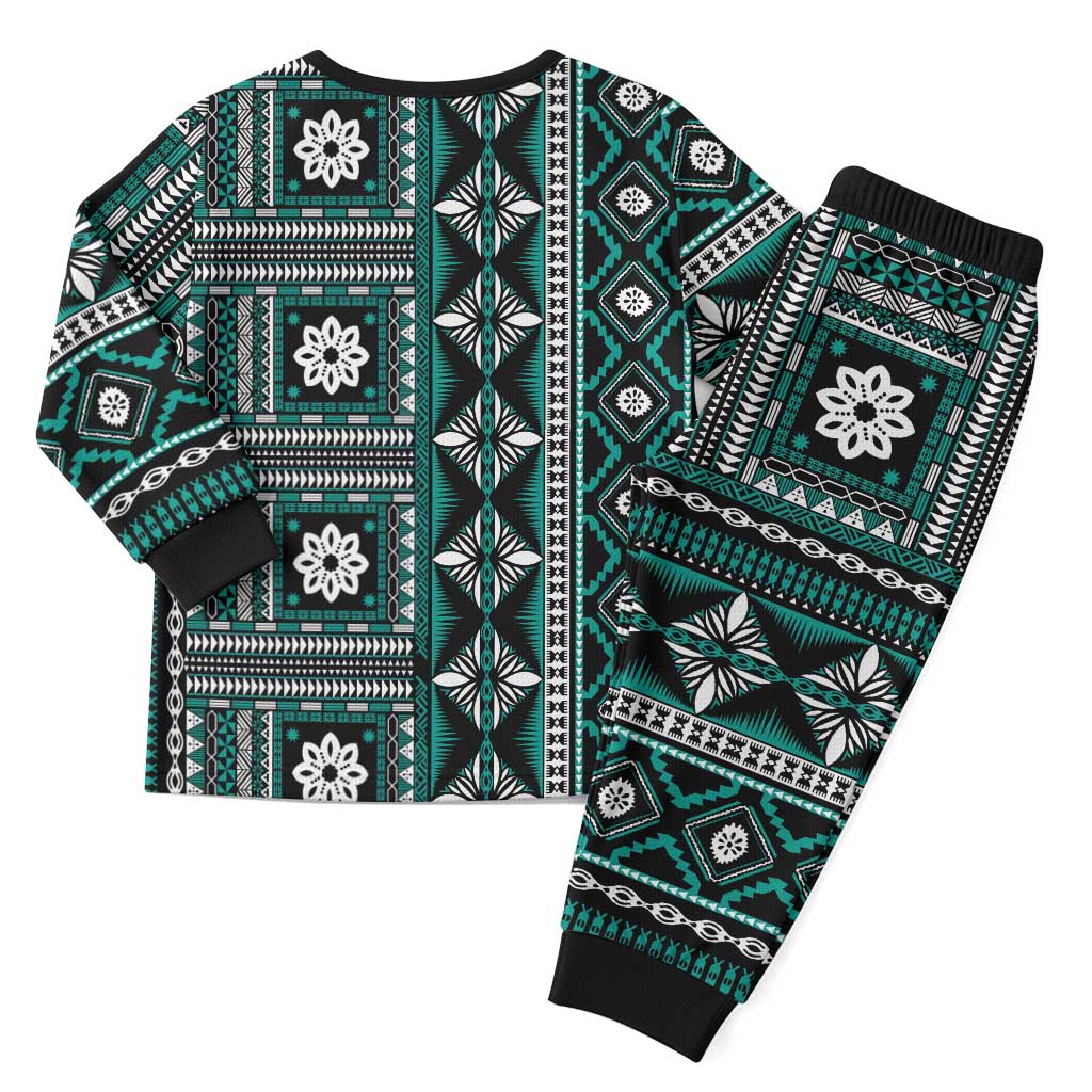 Fiji Masi Tapa Pattern Teal Christmas Pajama Set - Polynesian Pride