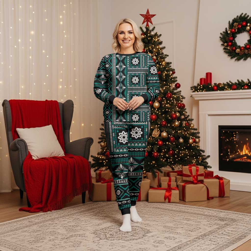 Fiji Masi Tapa Pattern Teal Christmas Pajama Set - Polynesian Pride