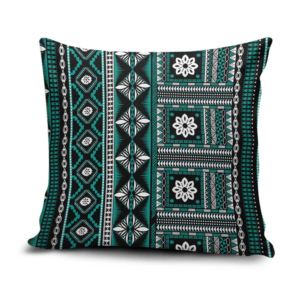 Fiji Masi Tapa Pattern Teal Pillow Cover - Polynesian Pride