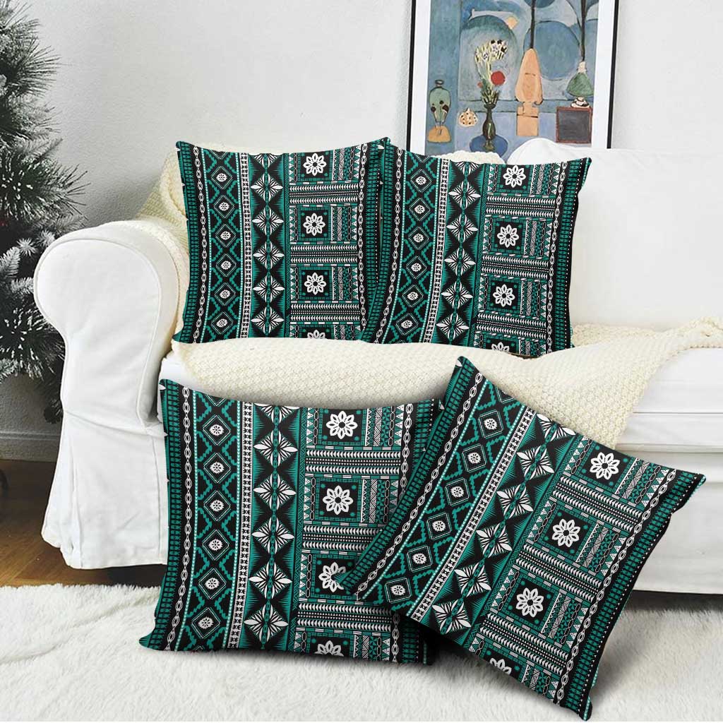Fiji Masi Tapa Pattern Teal Pillow Cover - Polynesian Pride