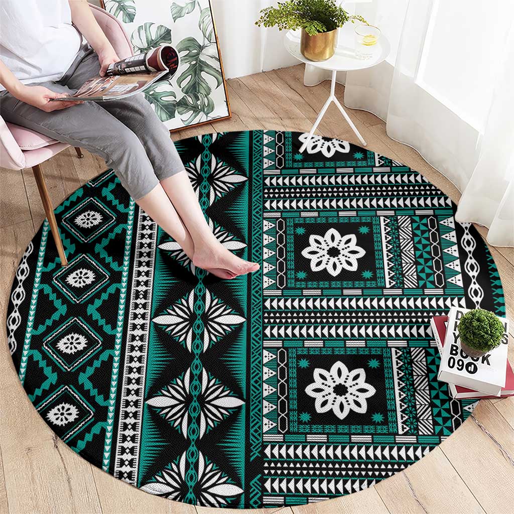 Fiji Masi Tapa Pattern Teal Round Carpet - Polynesian Pride