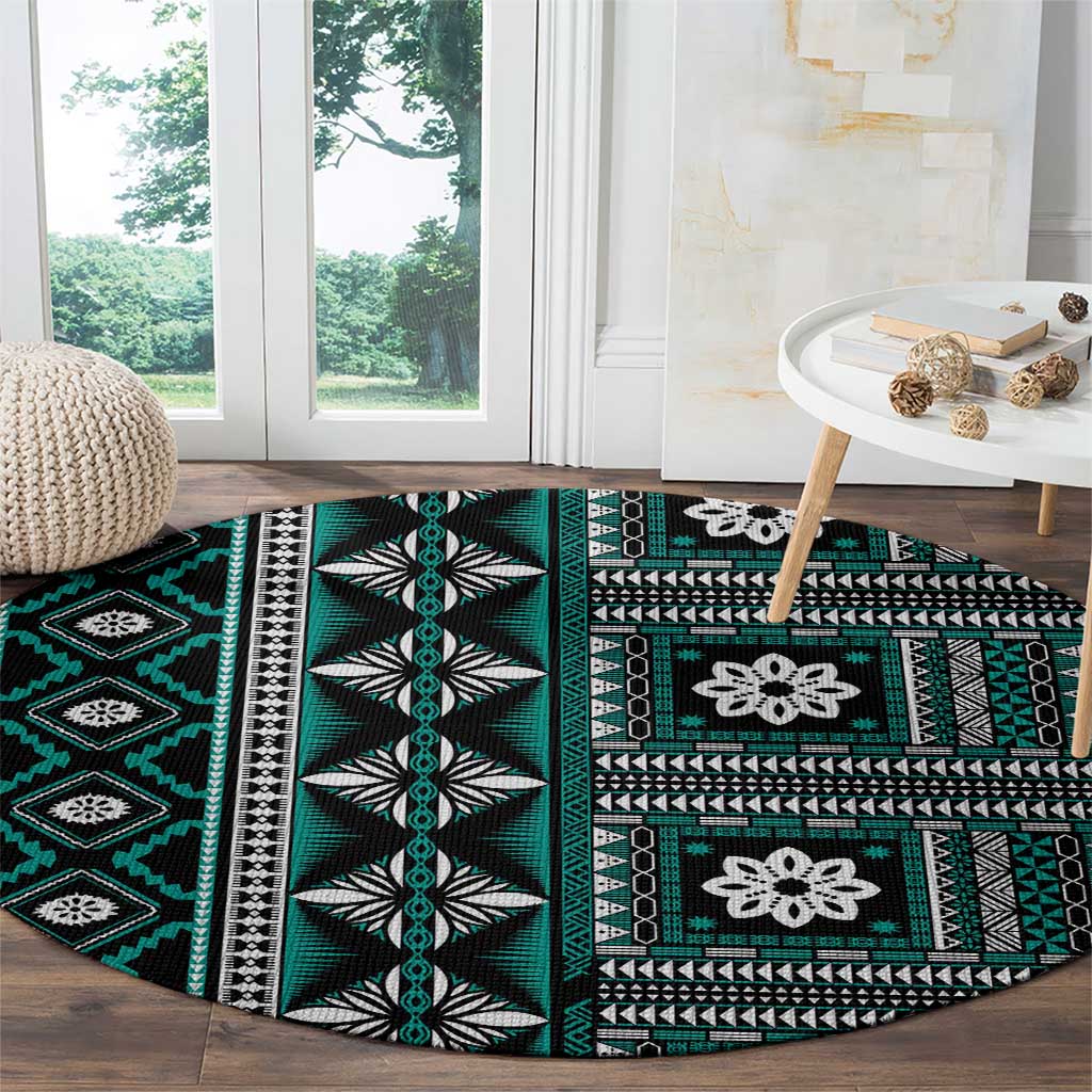 Fiji Masi Tapa Pattern Teal Round Carpet - Polynesian Pride