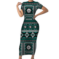 Fiji Masi Tapa Pattern Teal Short Sleeve Bodycon Dress - Polynesian Pride