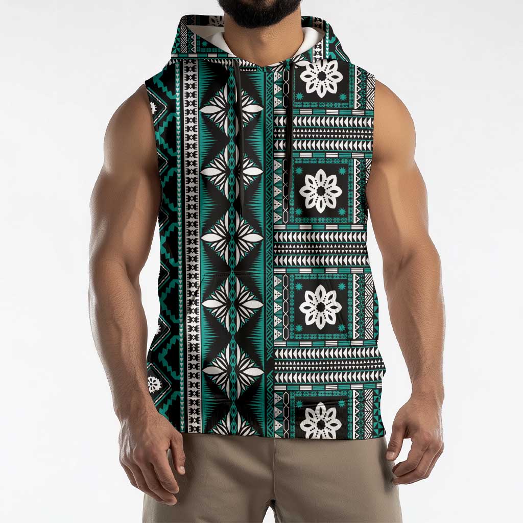 Fiji Masi Tapa Pattern Teal Sleeveless Hoodie - Polynesian Pride