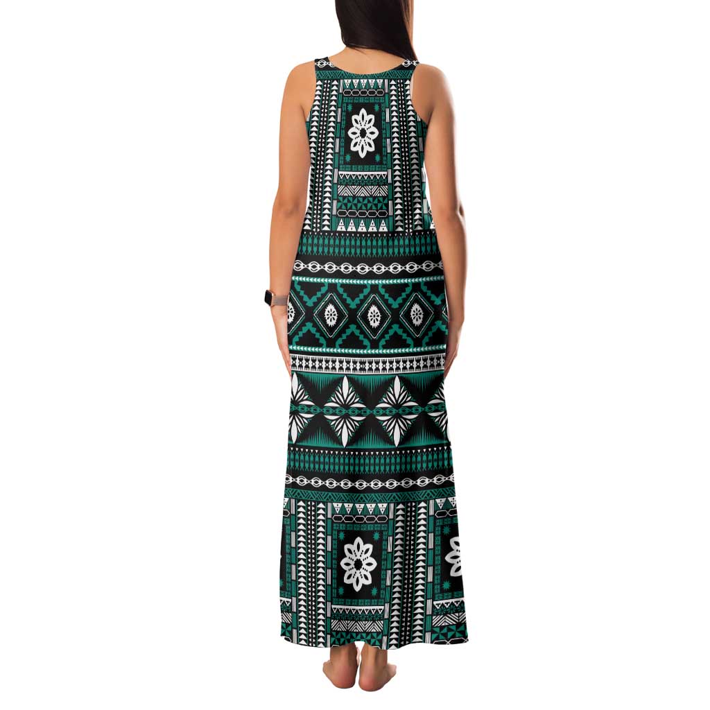 Fiji Masi Tapa Pattern Teal Tank Maxi Dress - Polynesian Pride
