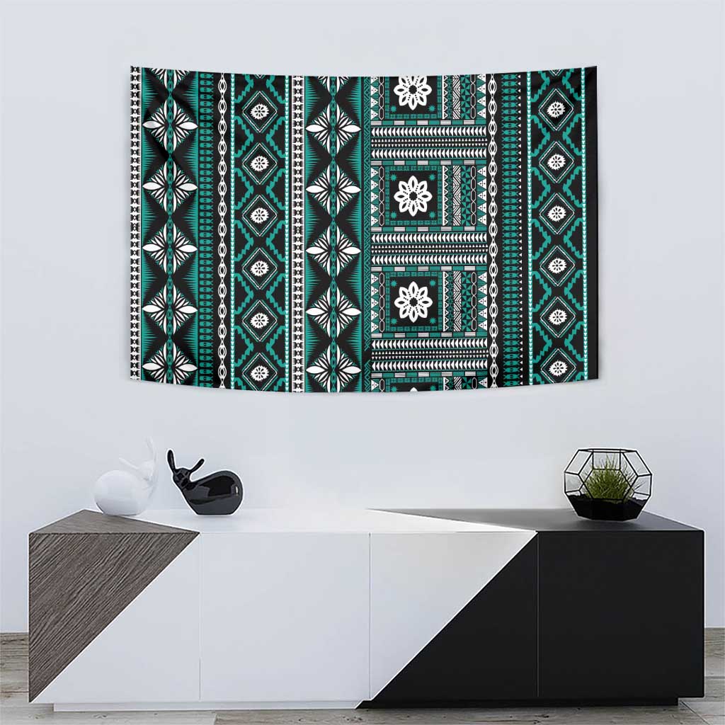 Fiji Masi Tapa Pattern Teal Tapestry - Polynesian Pride