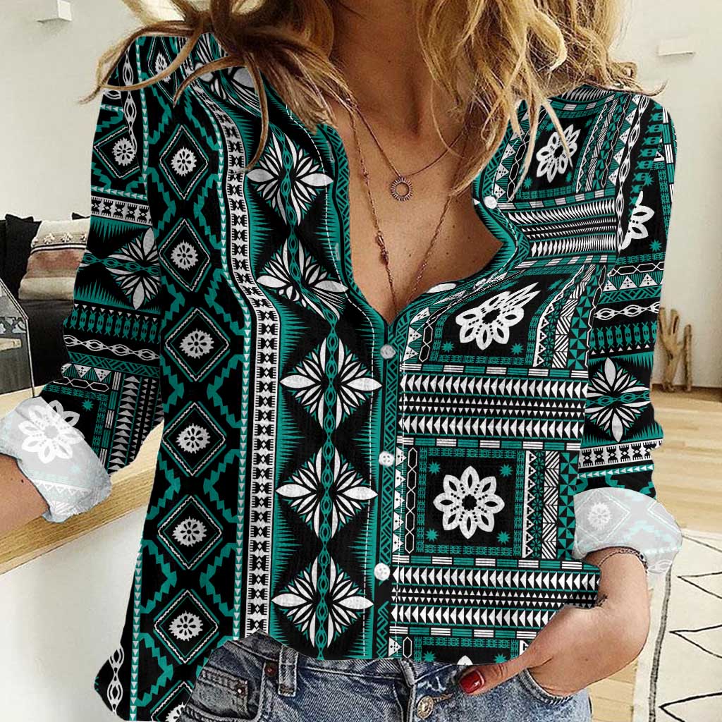 Fiji Masi Tapa Pattern Teal Women Casual Shirt - Polynesian Pride