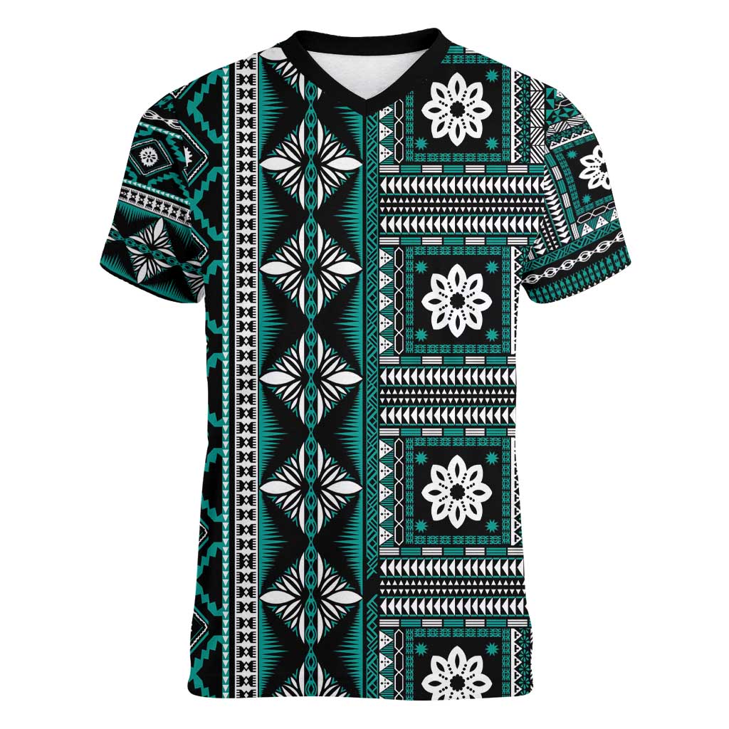 Fiji Masi Tapa Pattern Teal Women V-Neck T-Shirt - Polynesian Pride