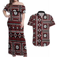 Fiji Masi Tapa Pattern Red Couples Matching Off Shoulder Maxi Dress and Hawaiian Shirt - Polynesian Pride