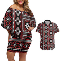 Fiji Masi Tapa Pattern Red Couples Matching Off Shoulder Short Dress and Hawaiian Shirt - Polynesian Pride
