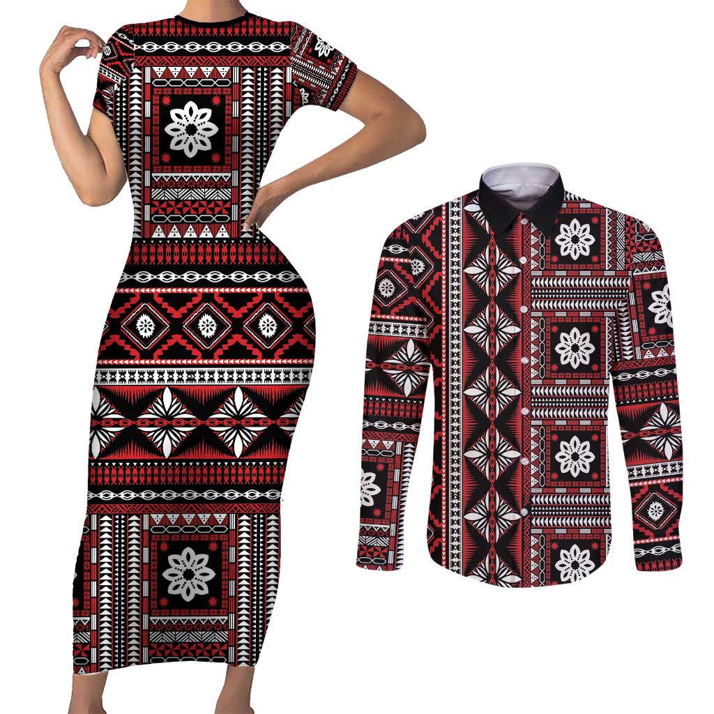 Fiji Masi Tapa Pattern Red Couples Matching Short Sleeve Bodycon Dress and Long Sleeve Button Shirt - Polynesian Pride