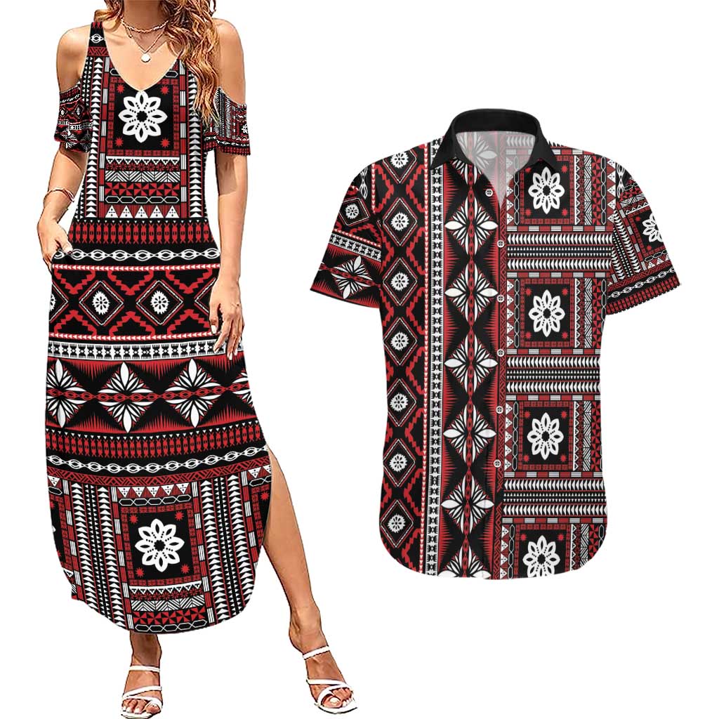 Fiji Masi Tapa Pattern Red Couples Matching Summer Maxi Dress and Hawaiian Shirt - Polynesian Pride