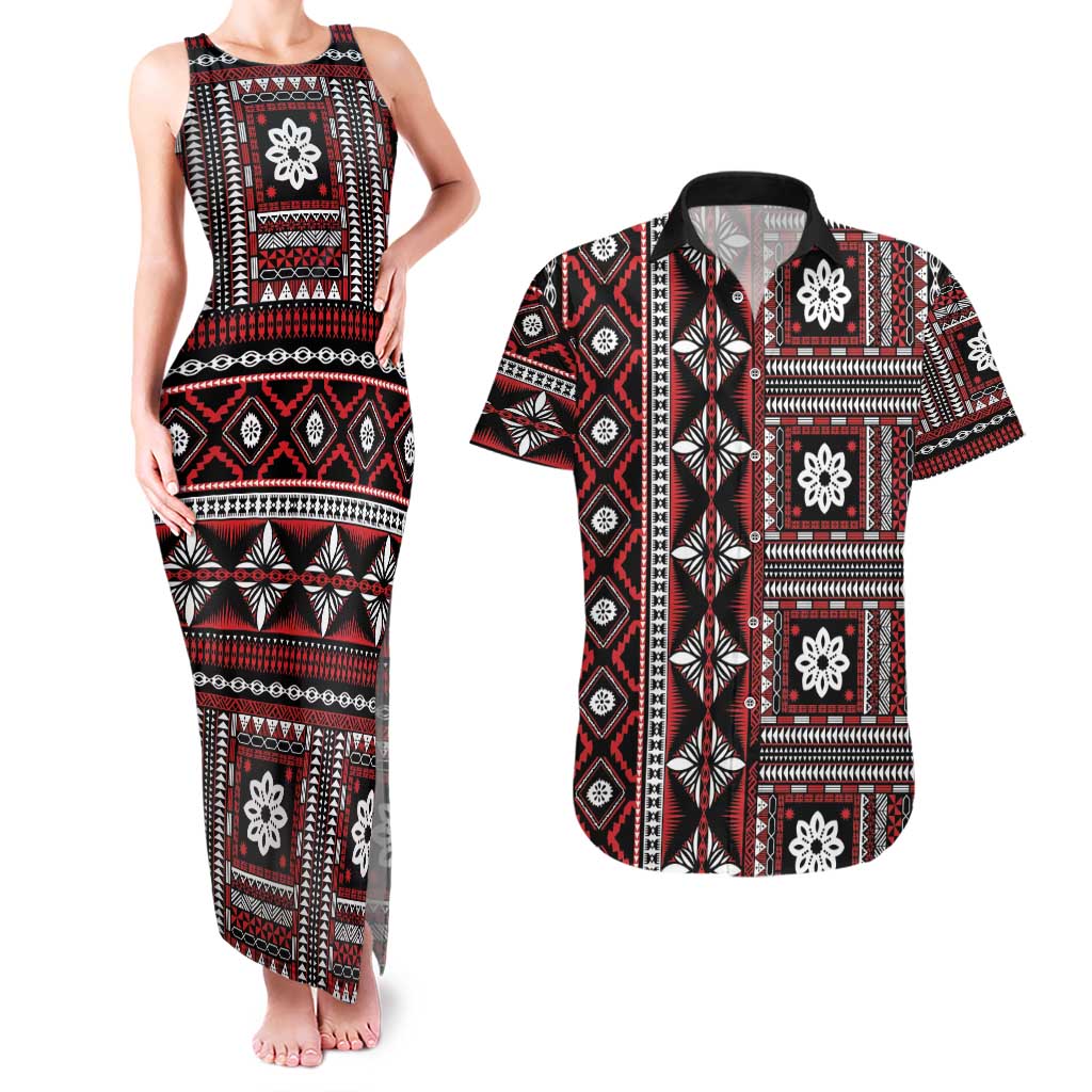 Fiji Masi Tapa Pattern Red Couples Matching Tank Maxi Dress and Hawaiian Shirt - Polynesian Pride