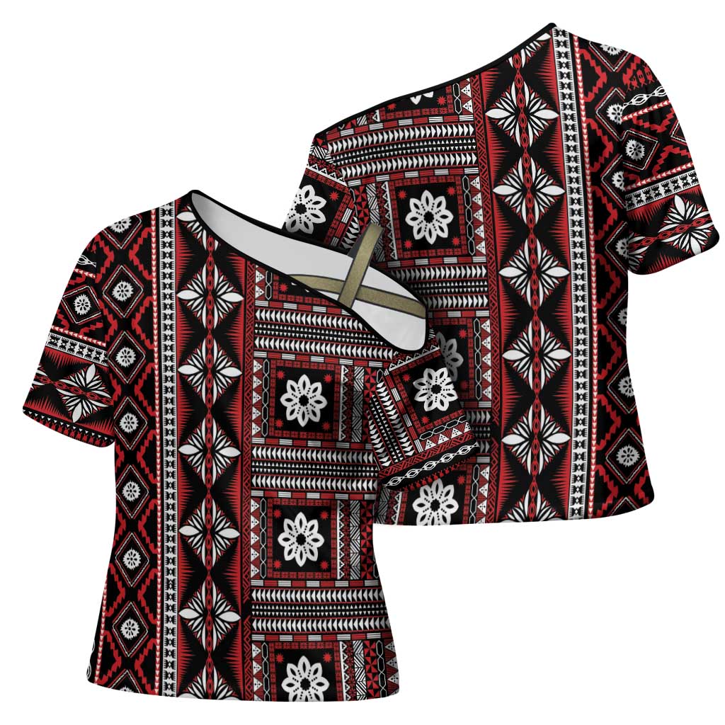 Fiji Masi Tapa Pattern Red Cross Shoulder Shirt - Polynesian Pride