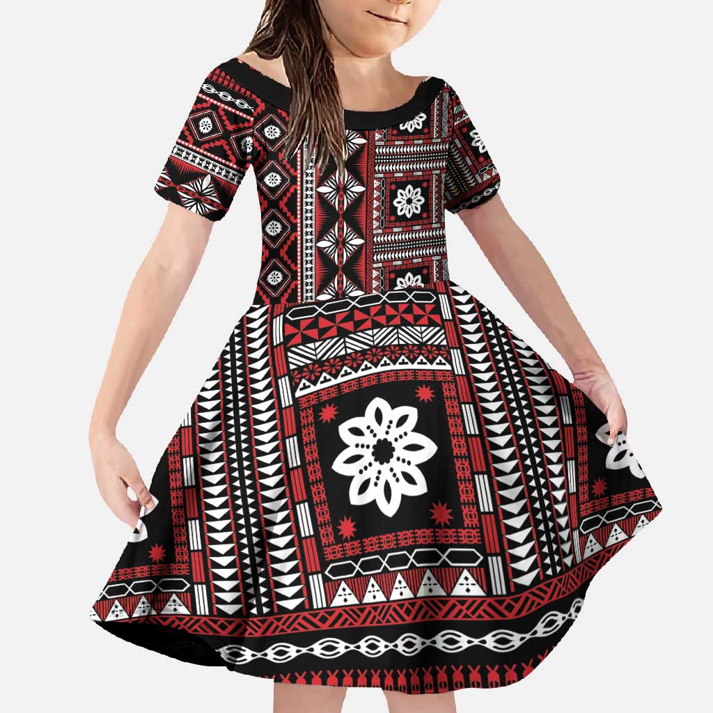 Fiji Masi Tapa Pattern Red Family Matching Long Sleeve Bodycon Dress and Hawaiian Shirt - Polynesian Pride