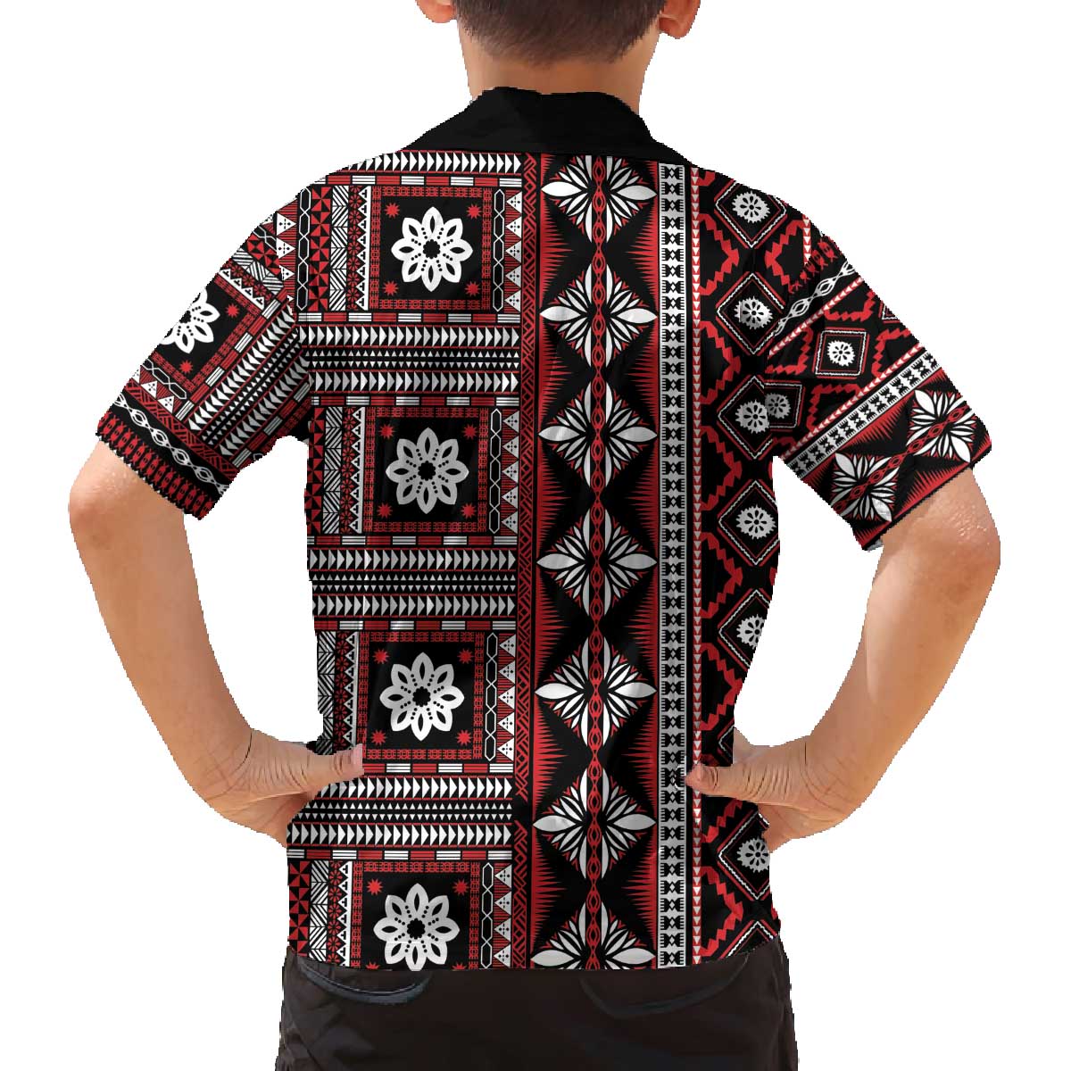 Fiji Masi Tapa Pattern Red Family Matching Off The Shoulder Long Sleeve Dress and Hawaiian Shirt - Polynesian Pride