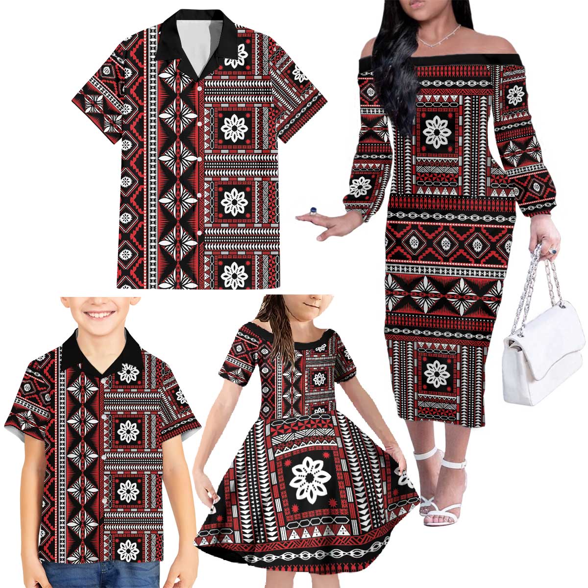 Fiji Masi Tapa Pattern Red Family Matching Off The Shoulder Long Sleeve Dress and Hawaiian Shirt - Polynesian Pride