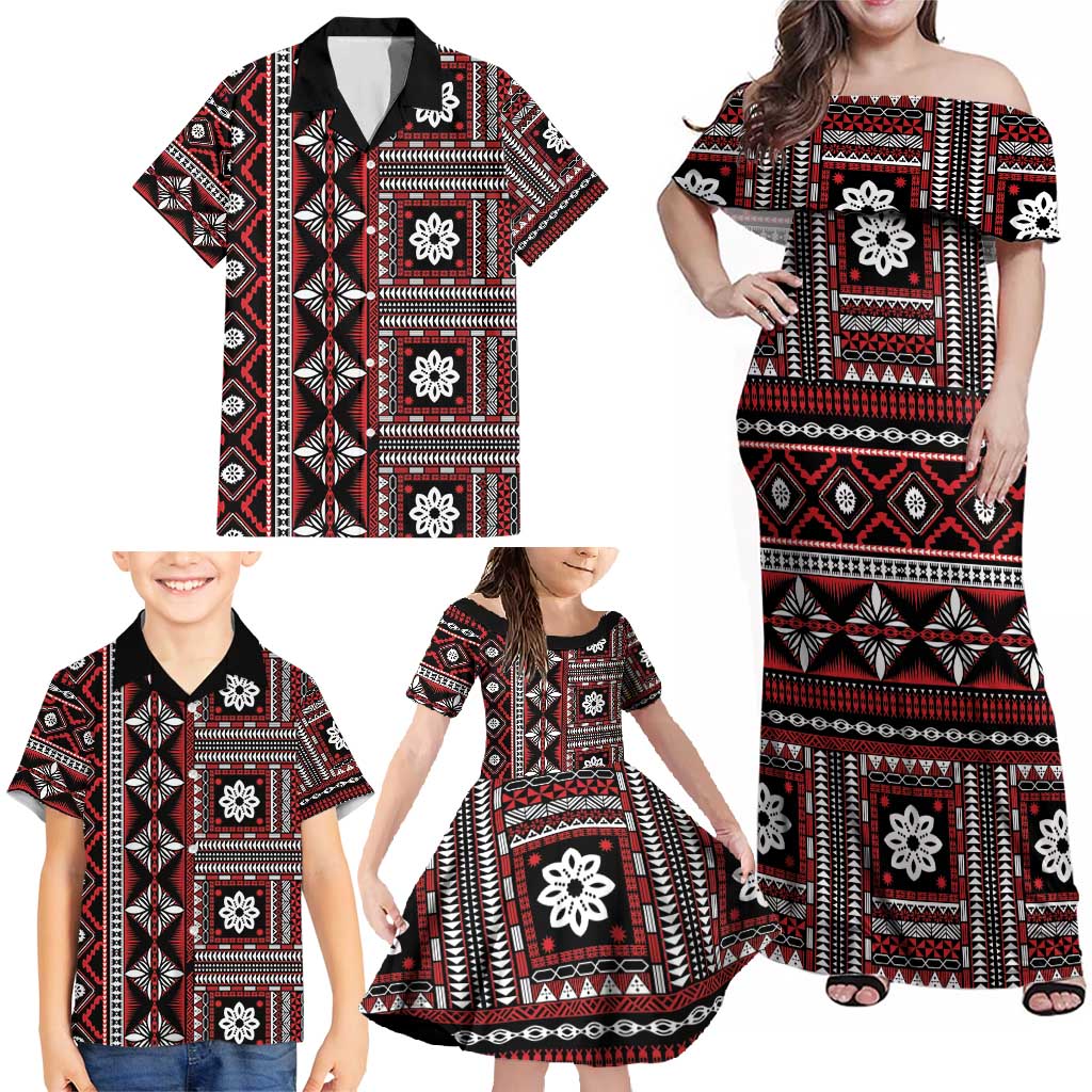 Fiji Masi Tapa Pattern Red Family Matching Off Shoulder Maxi Dress and Hawaiian Shirt - Polynesian Pride