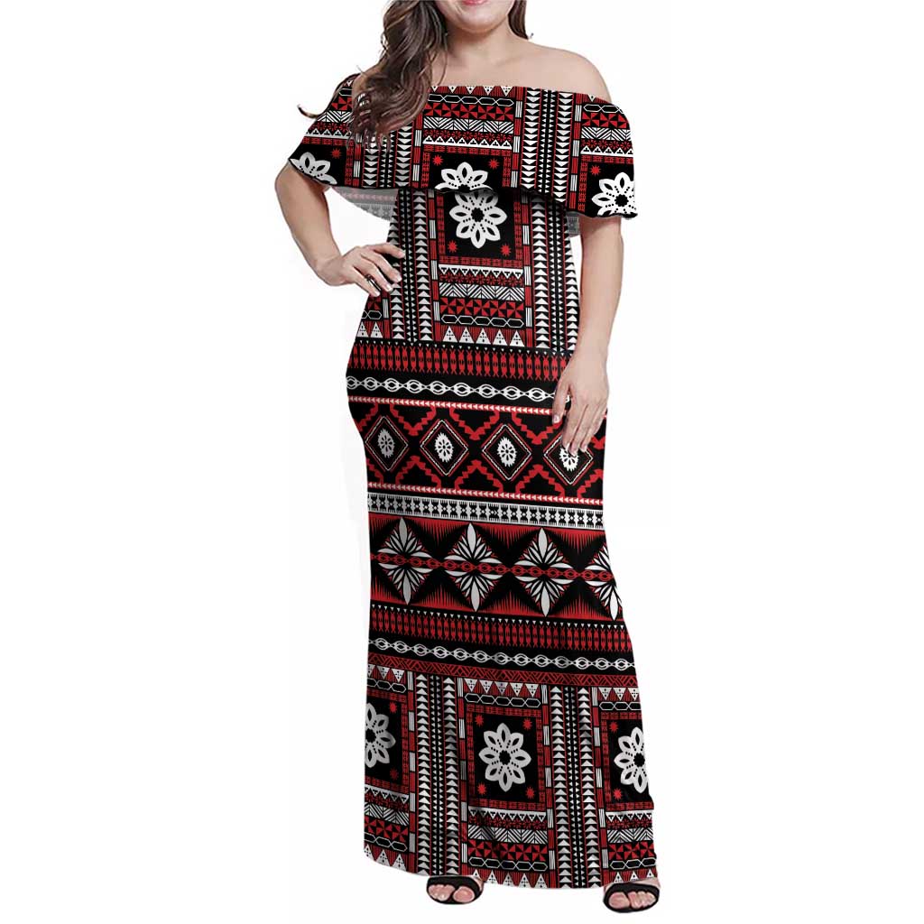 Fiji Masi Tapa Pattern Red Family Matching Off Shoulder Maxi Dress and Hawaiian Shirt - Polynesian Pride