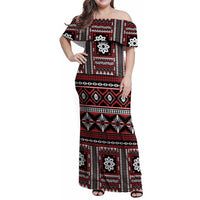Fiji Masi Tapa Pattern Red Family Matching Off Shoulder Maxi Dress and Hawaiian Shirt - Polynesian Pride