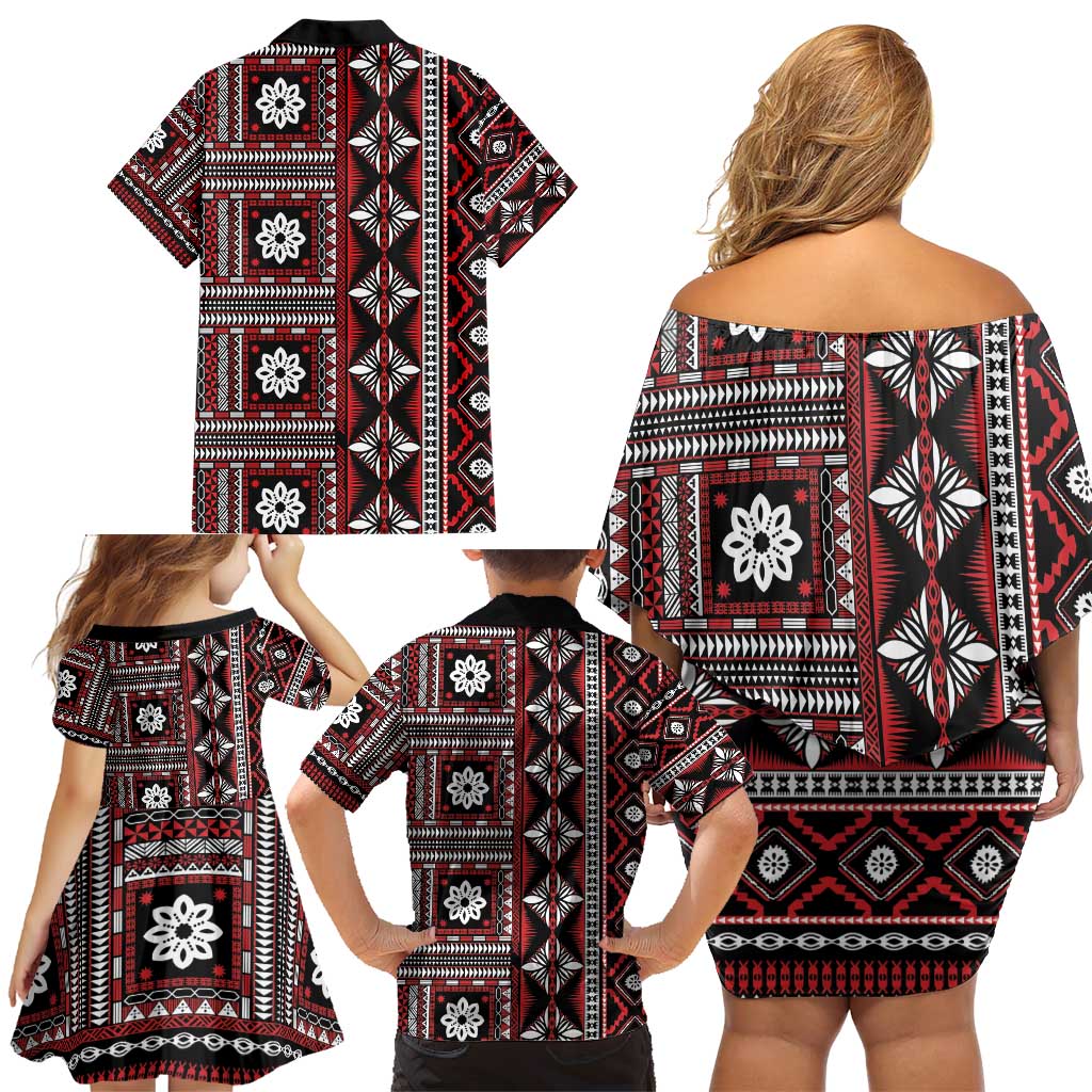 Fiji Masi Tapa Pattern Red Family Matching Off Shoulder Short Dress and Hawaiian Shirt - Polynesian Pride