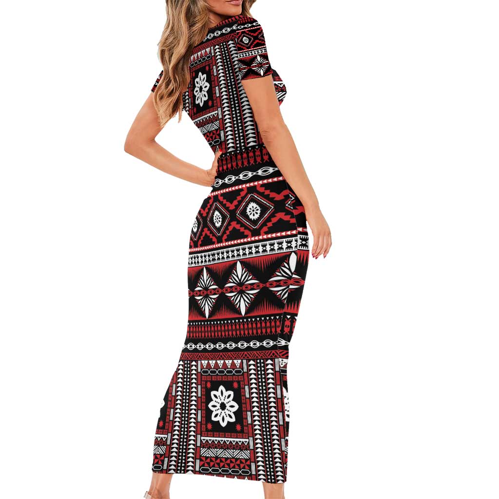Fiji Masi Tapa Pattern Red Family Matching Short Sleeve Bodycon Dress and Hawaiian Shirt - Polynesian Pride
