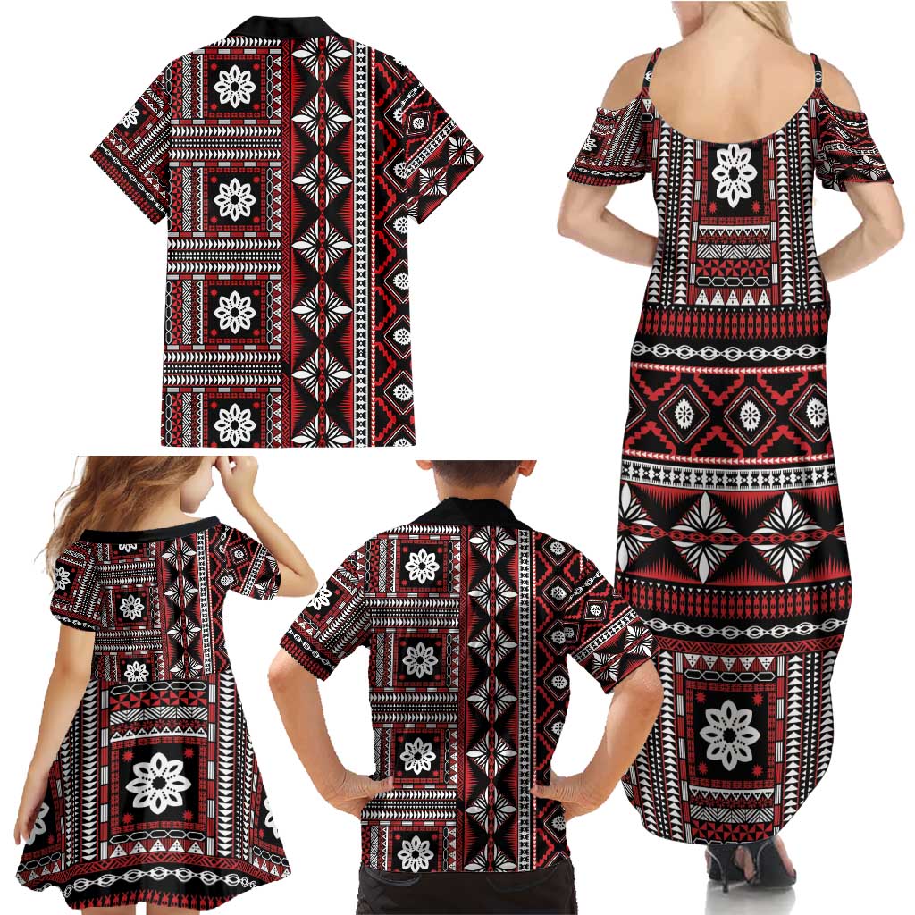 Fiji Masi Tapa Pattern Red Family Matching Summer Maxi Dress and Hawaiian Shirt - Polynesian Pride