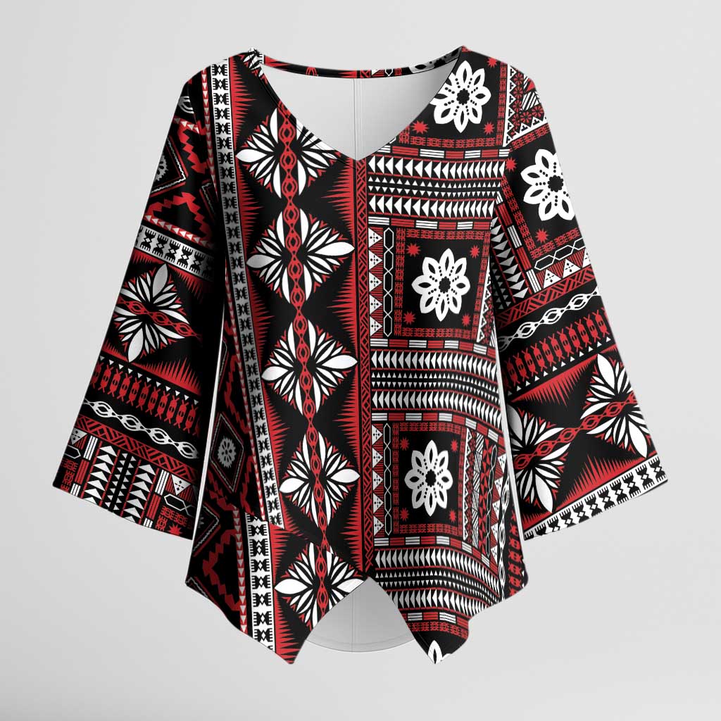 Fiji Masi Tapa Pattern Red Kimono Sleeve Blouse - Polynesian Pride