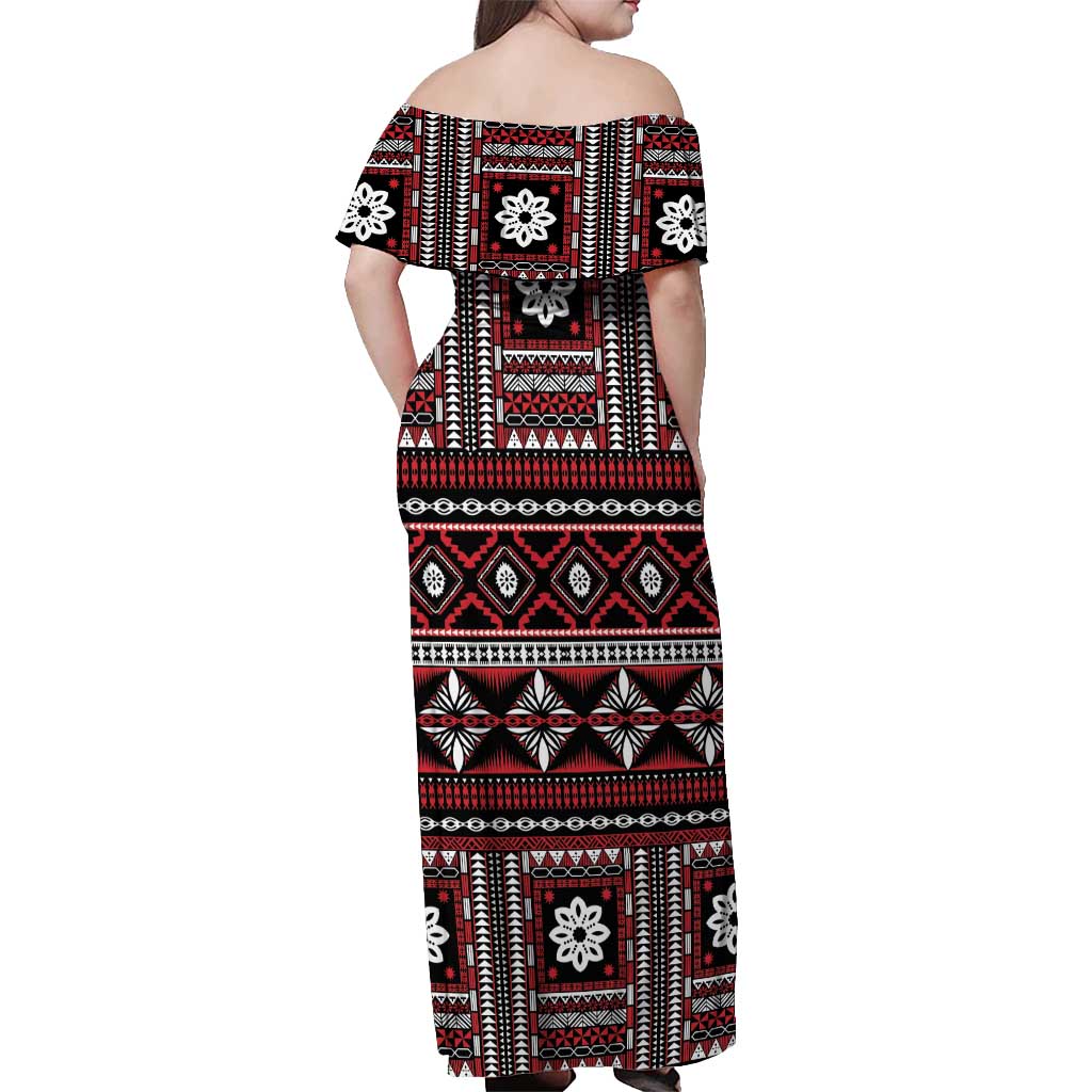 Fiji Masi Tapa Pattern Red Off Shoulder Maxi Dress - Polynesian Pride