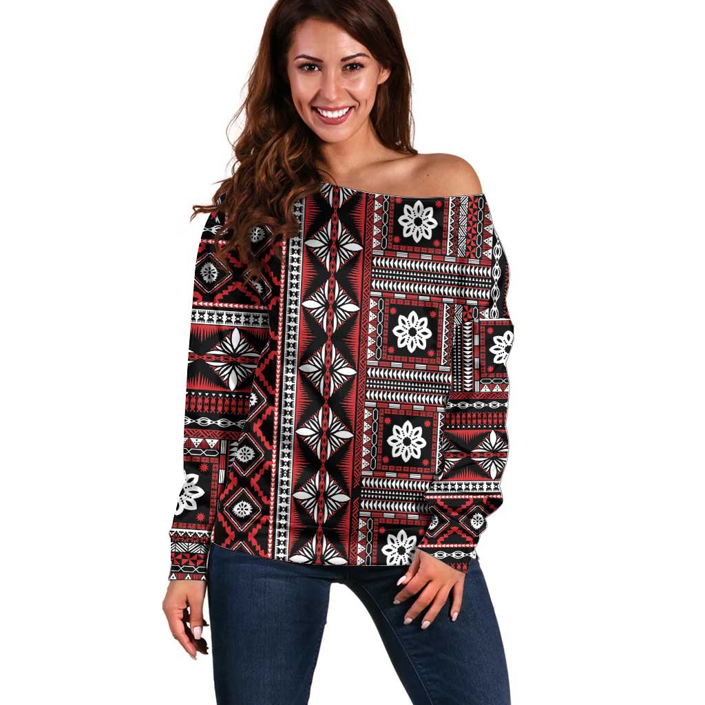 Fiji Masi Tapa Pattern Red Off Shoulder Sweater - Polynesian Pride