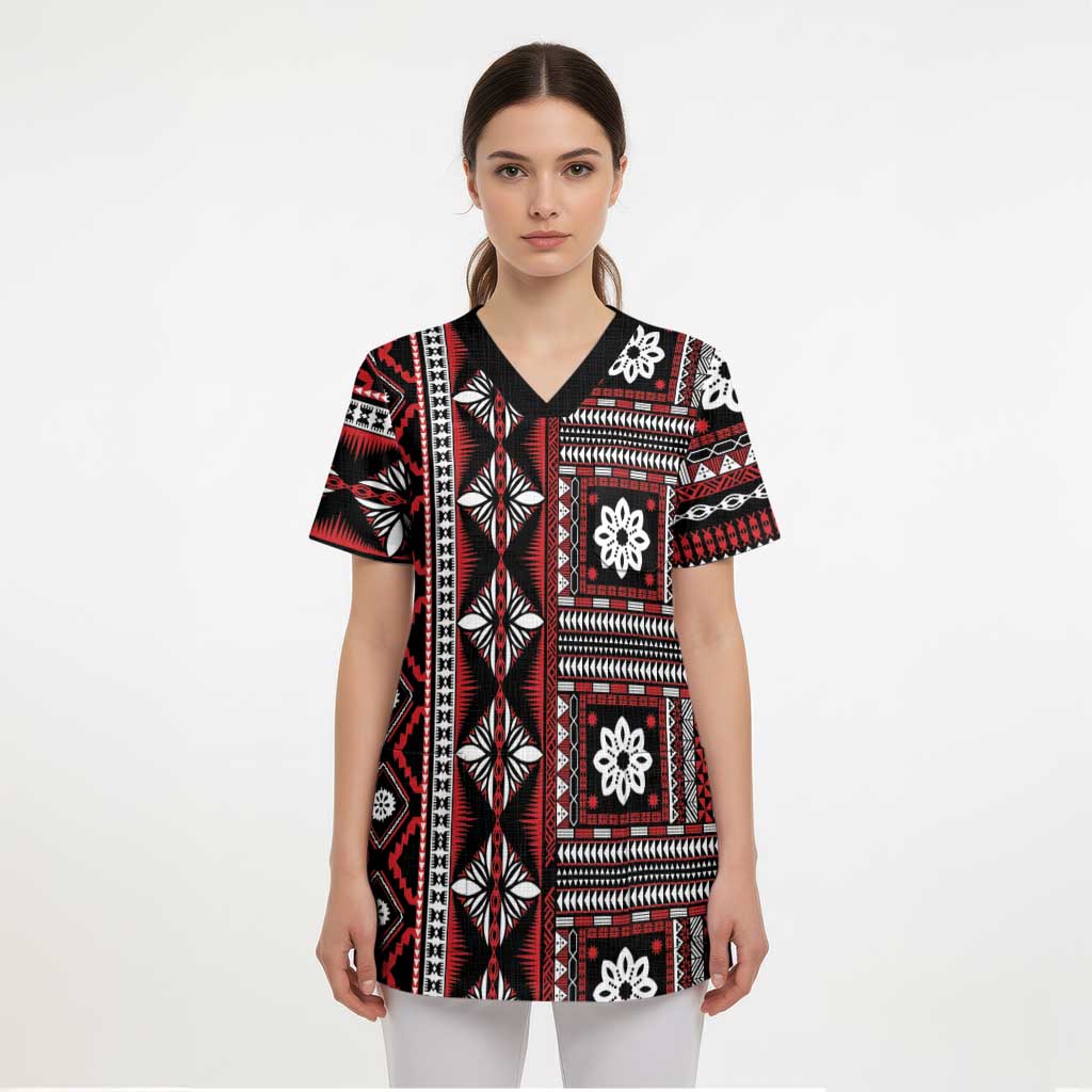 Fiji Masi Tapa Pattern Red Scrub Top - Polynesian Pride